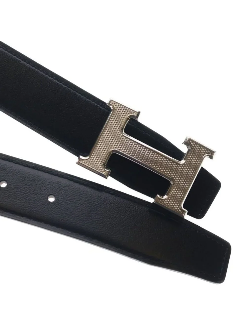 Hermes Logo Constance Leather Belt Black Silver